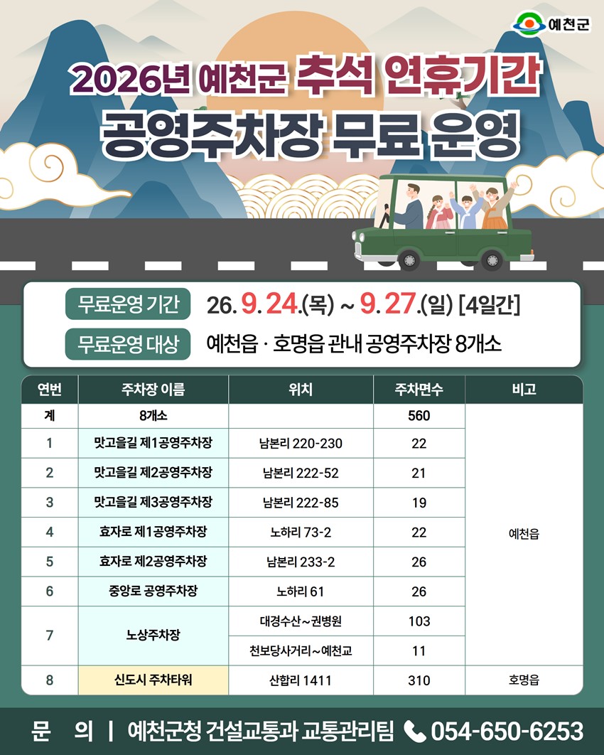 1.2026년 추석 연휴 기간 예천군 공영주차장 무료 운영 안내!